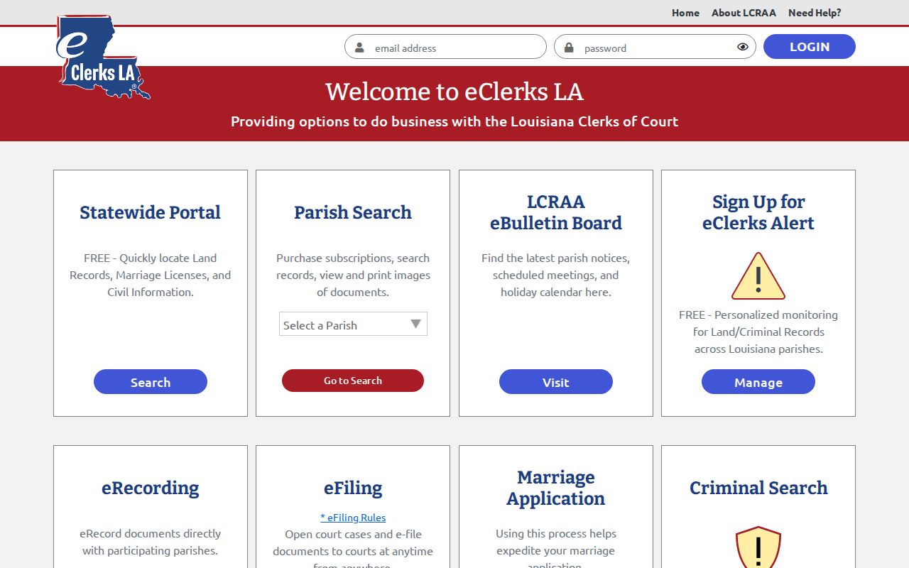Caldwell Parish docket search eClerksLA public home screen