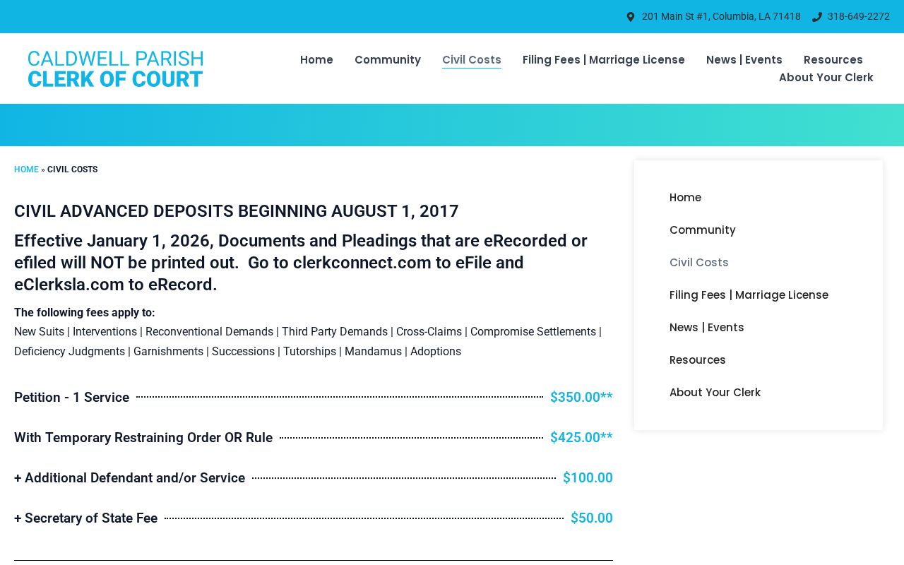 Caldwell Parish civil court docket civil costs and electronic filing notice